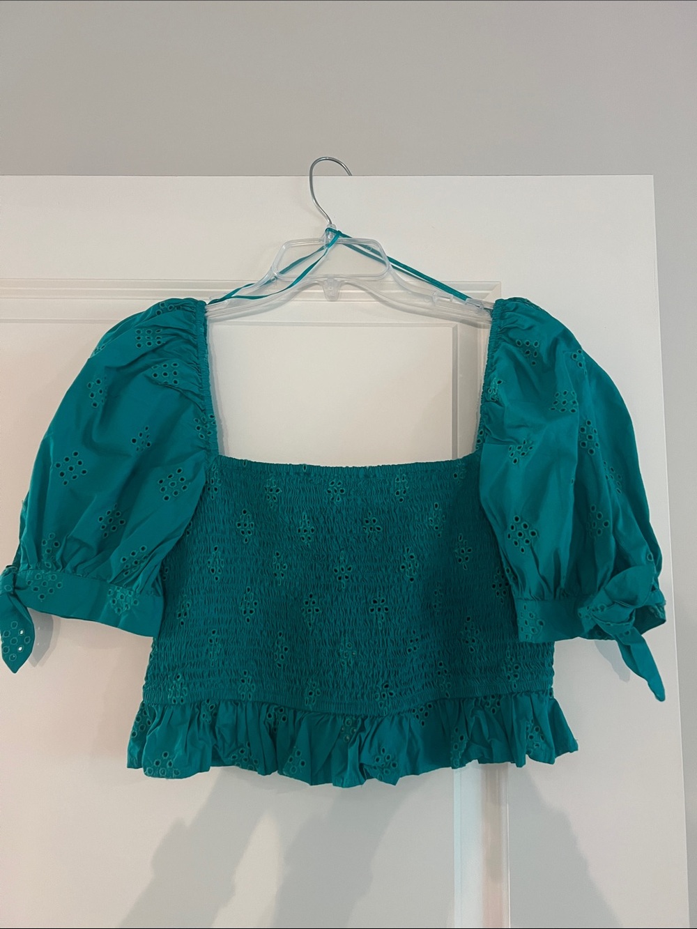 Zara Square Neck Teal Puff Sleeve Smocked Crop Top